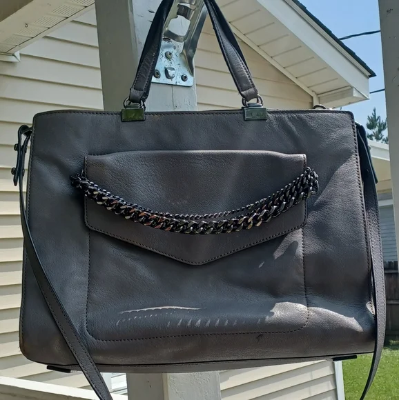 AUTH MILLY GUNMETAL GRAY CHAINLINKED XL LEATHER SATCHEL HANDBAG W/ LONG STRAP! - Picture 5 of 16